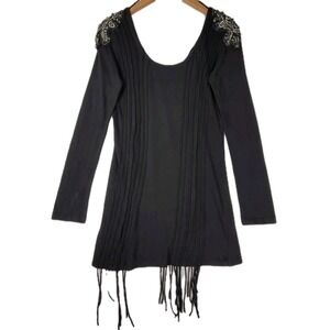 MISS ME BLACK EMBELLISHED BEADED FRINGE TUNIC TOP LONG SLEEVE SIZE MEDIUM